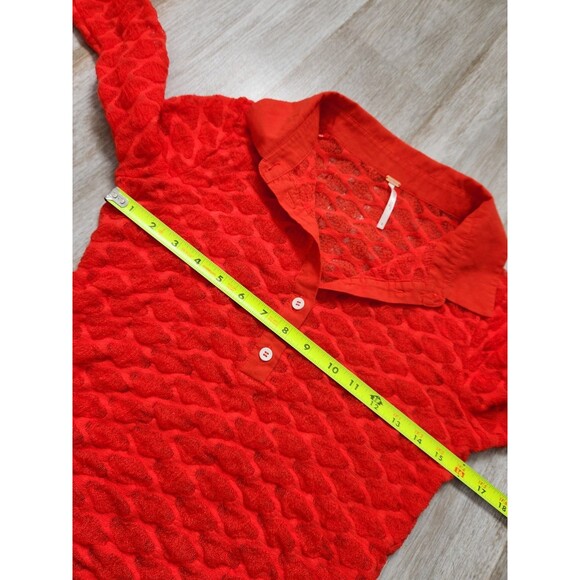 Free People Red Girl Next Door Polo Top Coquette Slim Fit Long Sleeve L Sz S - Picture 7 of 9